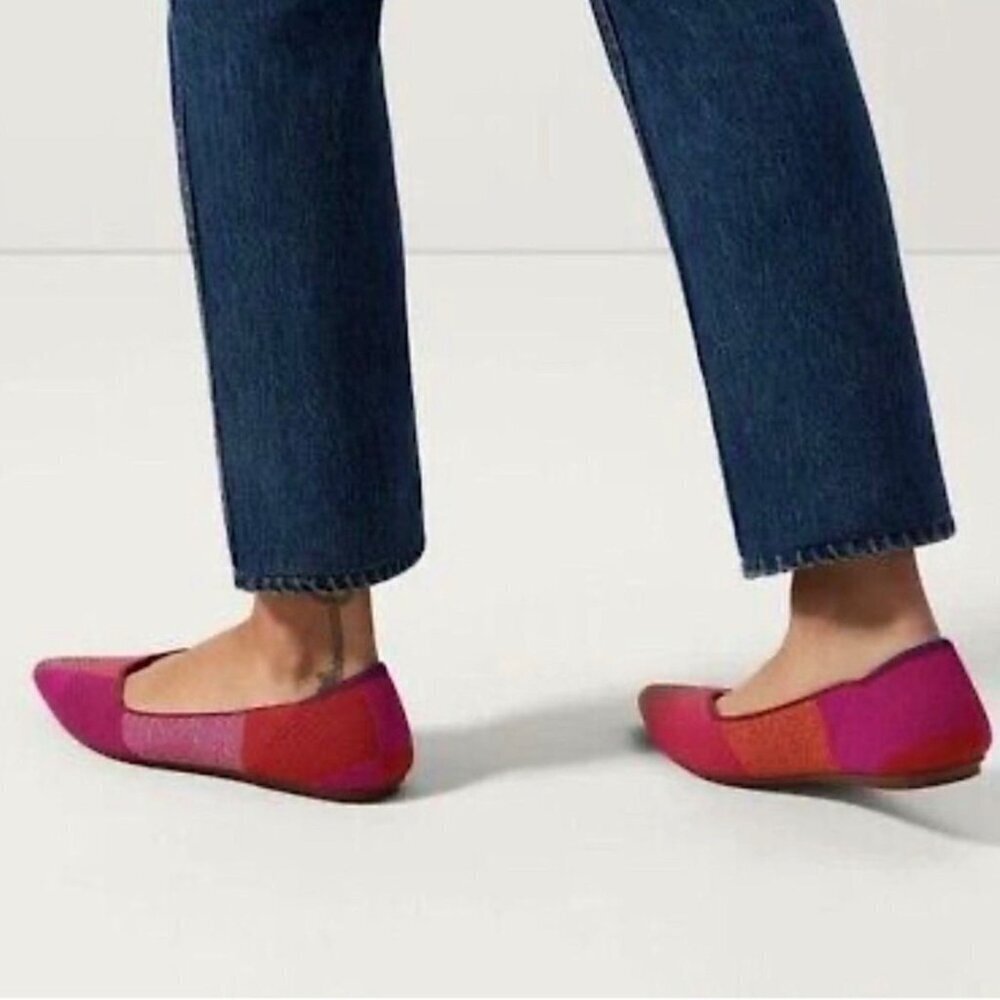 Rothy’s The Point Ballet Flat 7 Colorblock Party Plaid Metallic Pomegranate Offi